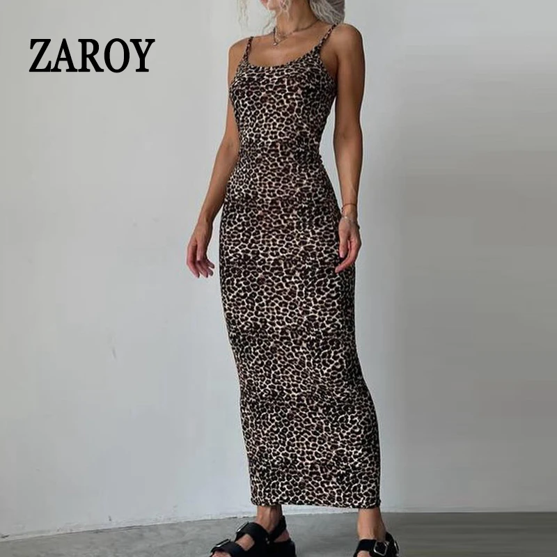 

ZAROY Vintage Leopard Sleeveless Slim Long Dress Sexy Party Club Dress Fashion Streetwear Camisole Dress Y2K Suspender Dress