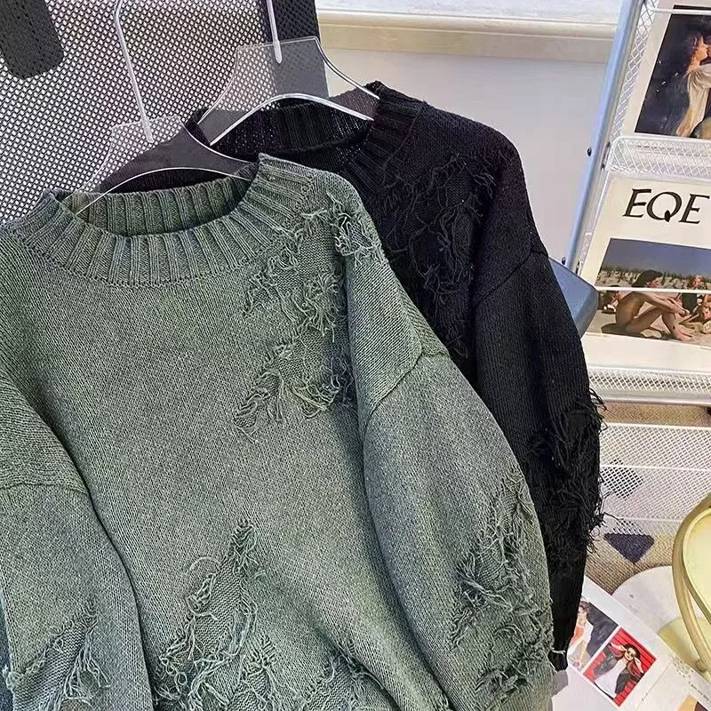 

Осенний мужской свитер большого размера 250 Pou, персонализированный, свободный крой, в американском уличном стиле, вязаный, с круглым вырезом, шерстяной трикотаж