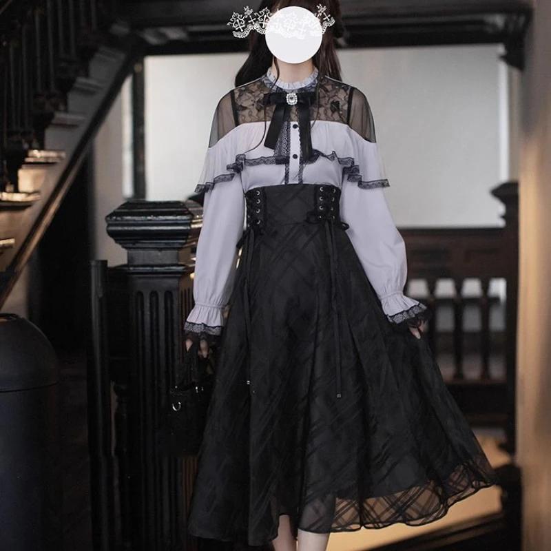 اليابانية القوطية Y2k لوليتا نمط تنورة مجموعة النساء الدانتيل المرقعة القوس كم طويل بلوزة سوداء حفلة ميدي تنورة دعوى ملابس حلوة #3