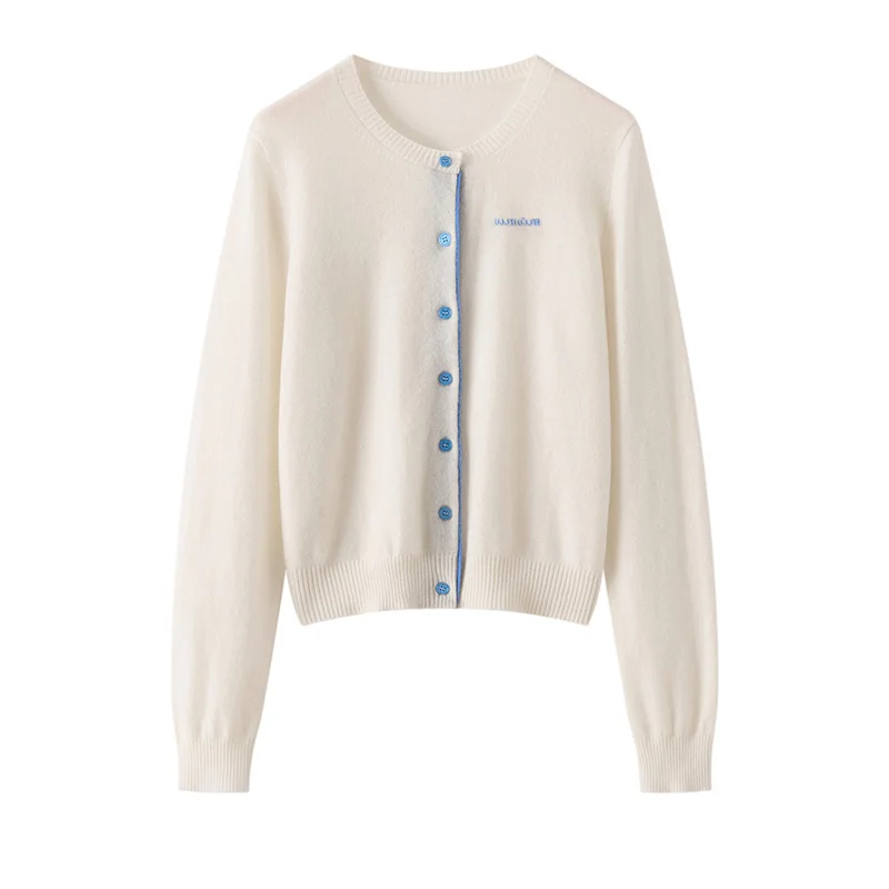 

Autumn Winter 100% Cashmere Cardigan Women's Round Neck Knitted Hand Embroidered Letter Sweater Base Shirt Color Block Coat