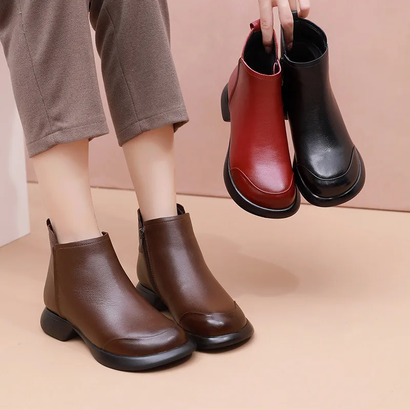 GKTINOO 2024 Autumn Winter Women Boots Genuine Leather Flat Heel Side Zipper Soft Soled Retro Style Casual Mother Short Boots