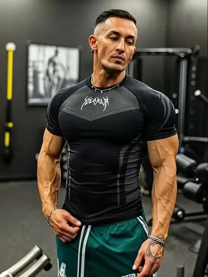T-shirt a compressione a maniche corte da uomo con stampa tribale, top da allenamento traspirante ad asciugatura rapida, strato base atletico per allenamento in palestra e bodybuilding