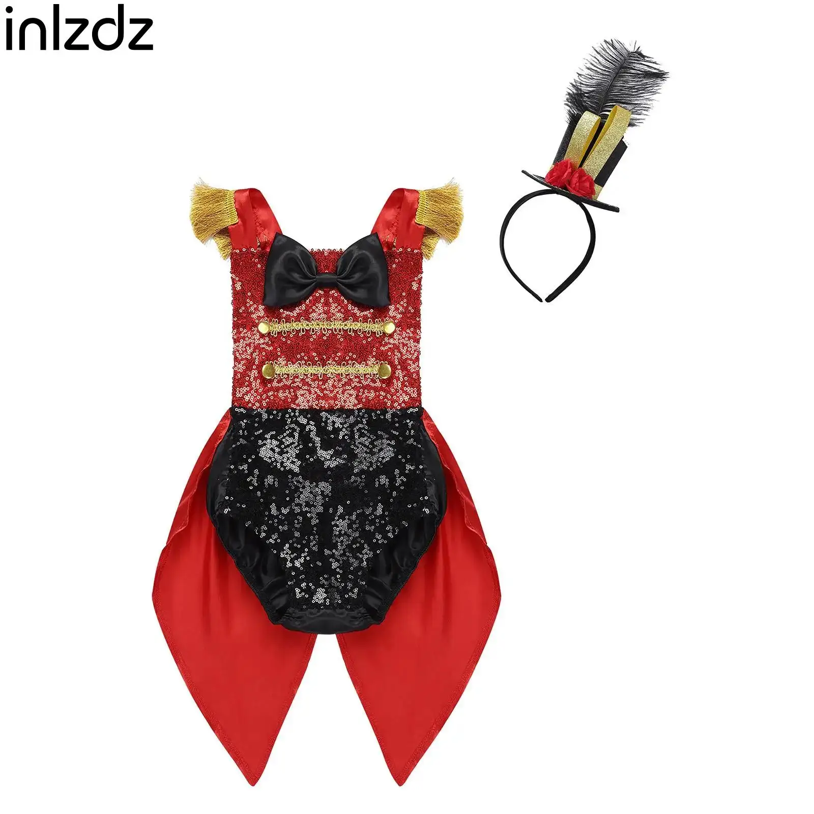 

Children Baby Girls Showman Ringmaster Circus Cosplay Costume Carnival Halloween Kids Sequined Bowknot Romper+Feather Top Hat