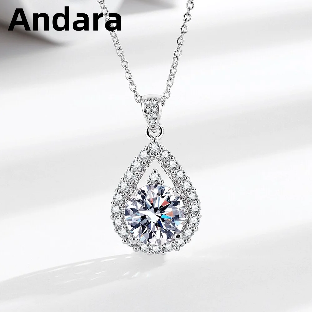 Andara 925 Sterling Silver Necklace Teardrop-Shaped Pendant With Simulated Moissanite And Zircon, Elegant Jewelry For Women