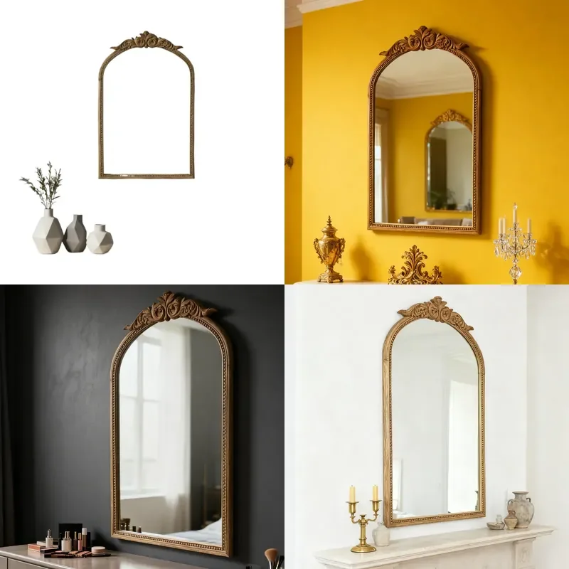 for Wabi Sandy Wind Natural Light Wood Arch Hanging Mirror Top Roll Grass Pattern Carving Mirror Bedroom Entrance Niche