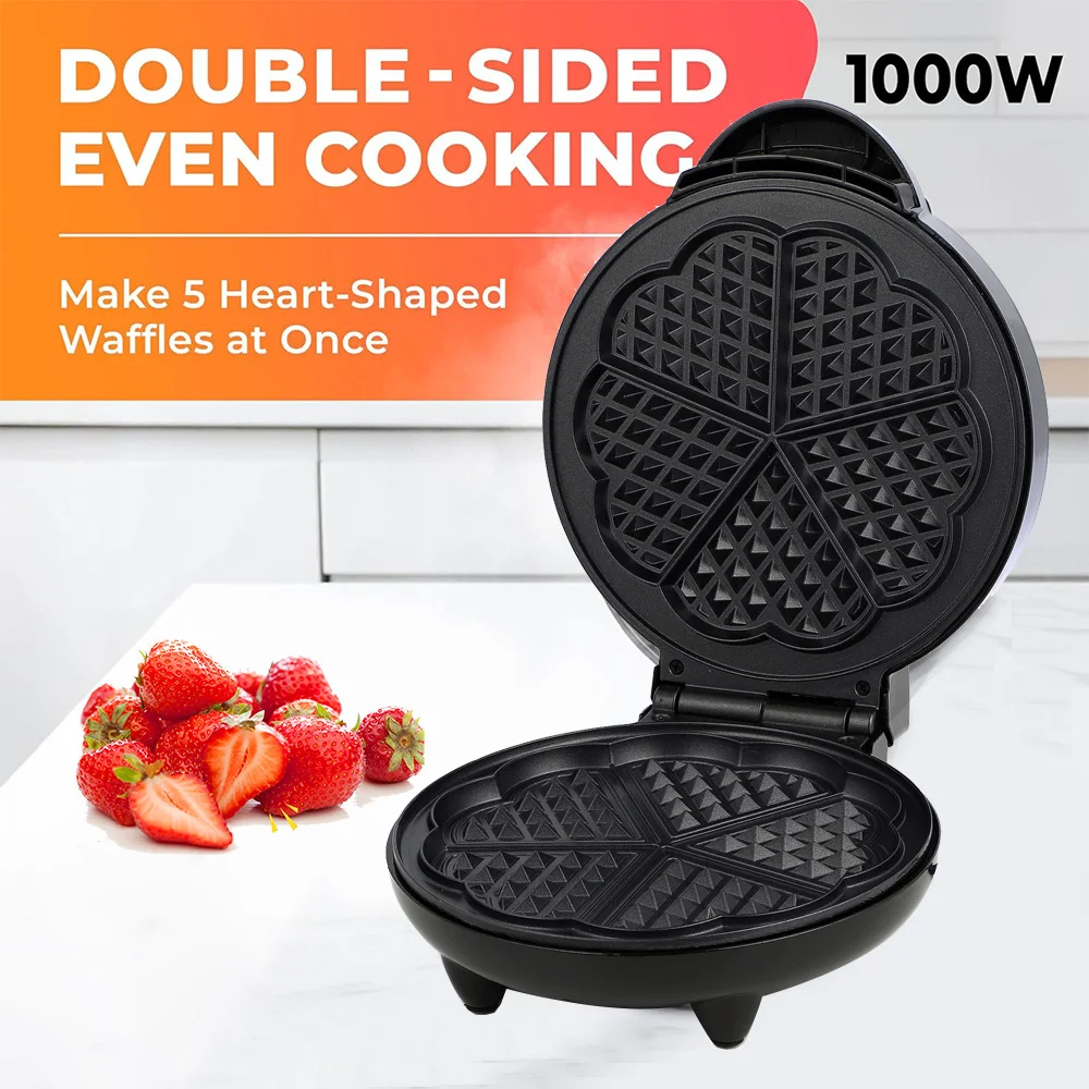 صانع الوافل على شكل قلب - اصنع 5 وافل على شكل قلب لاستفطار أحبائك خاصة - خباز غير لاصق سهل التنظيف، وافل كهربائي