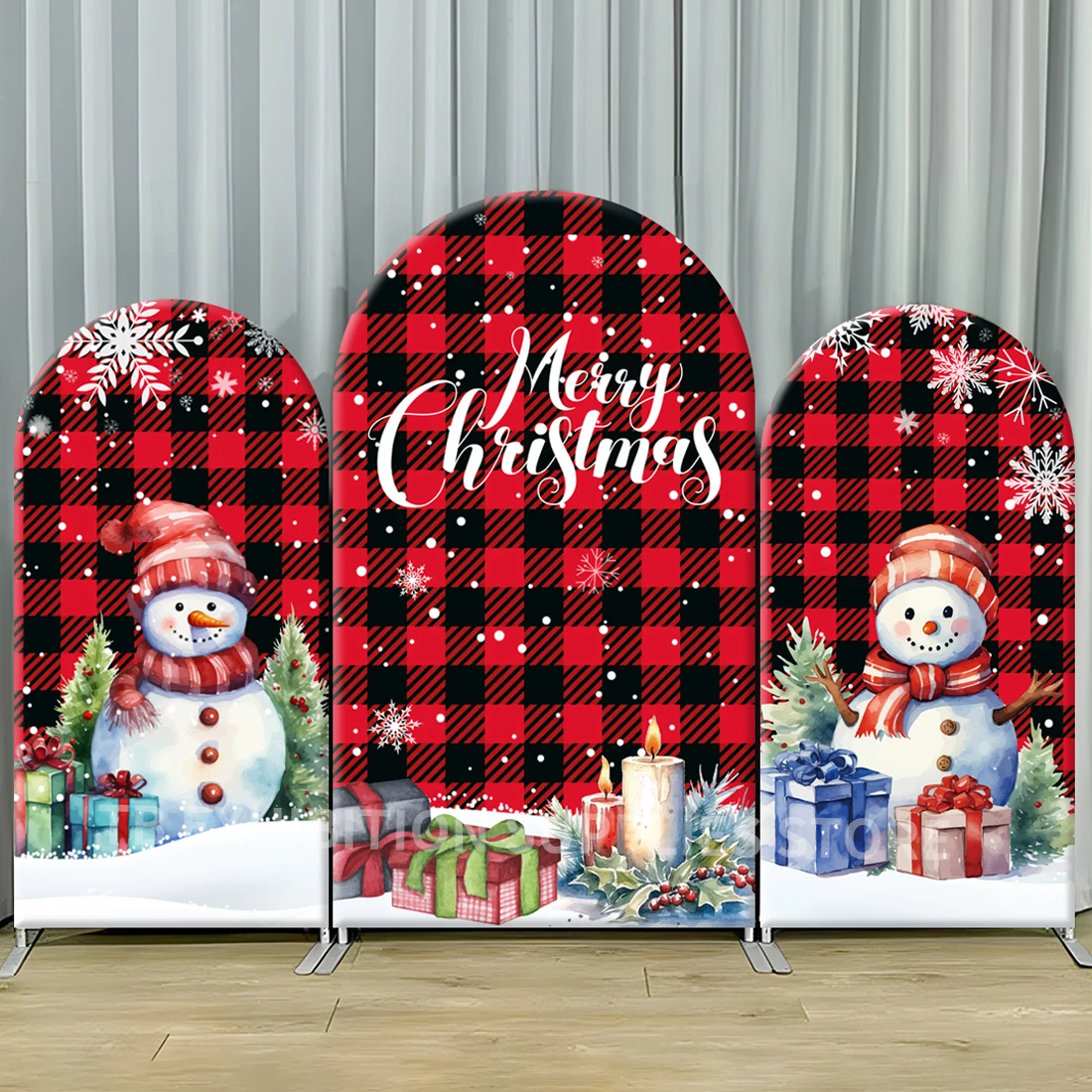 

Red Buffalo Plaid Christmas Tree Snowman Arch Cover Backdrop Merry Xmas Party Background Holiday decorations Elastic Fabric