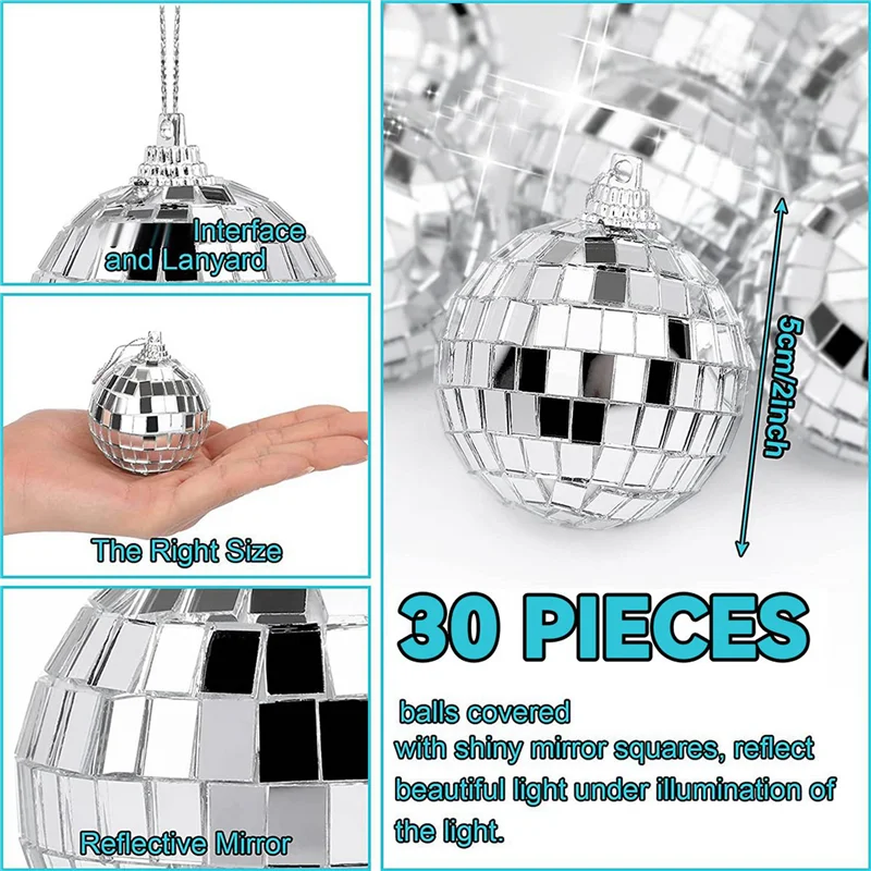 

60 PCS Disco Mirror Balls 2 Inches Reflective Mirror Ball Hanging Ball For Christmas Tree Party Home Decorations