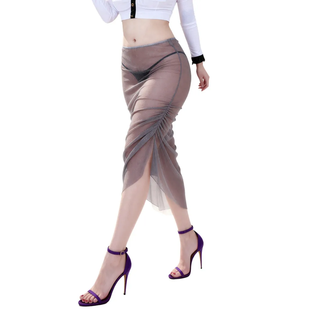 2026 New Pure Desire Style Shiny Silver Gray Mesh Skirt Pleated Irregular See-Through Design, Sexy Hot Girl Long Skirt BU0F