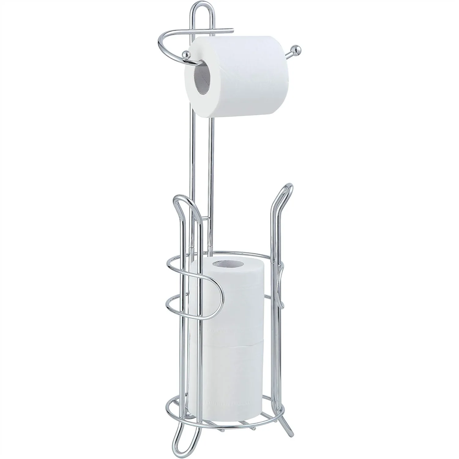 

Freestanding Toilet Paper Holder with Storage, Heavy Duty Steel Chrome Bathroom Organizer Holds 3 Spare Rolls, Space Saving