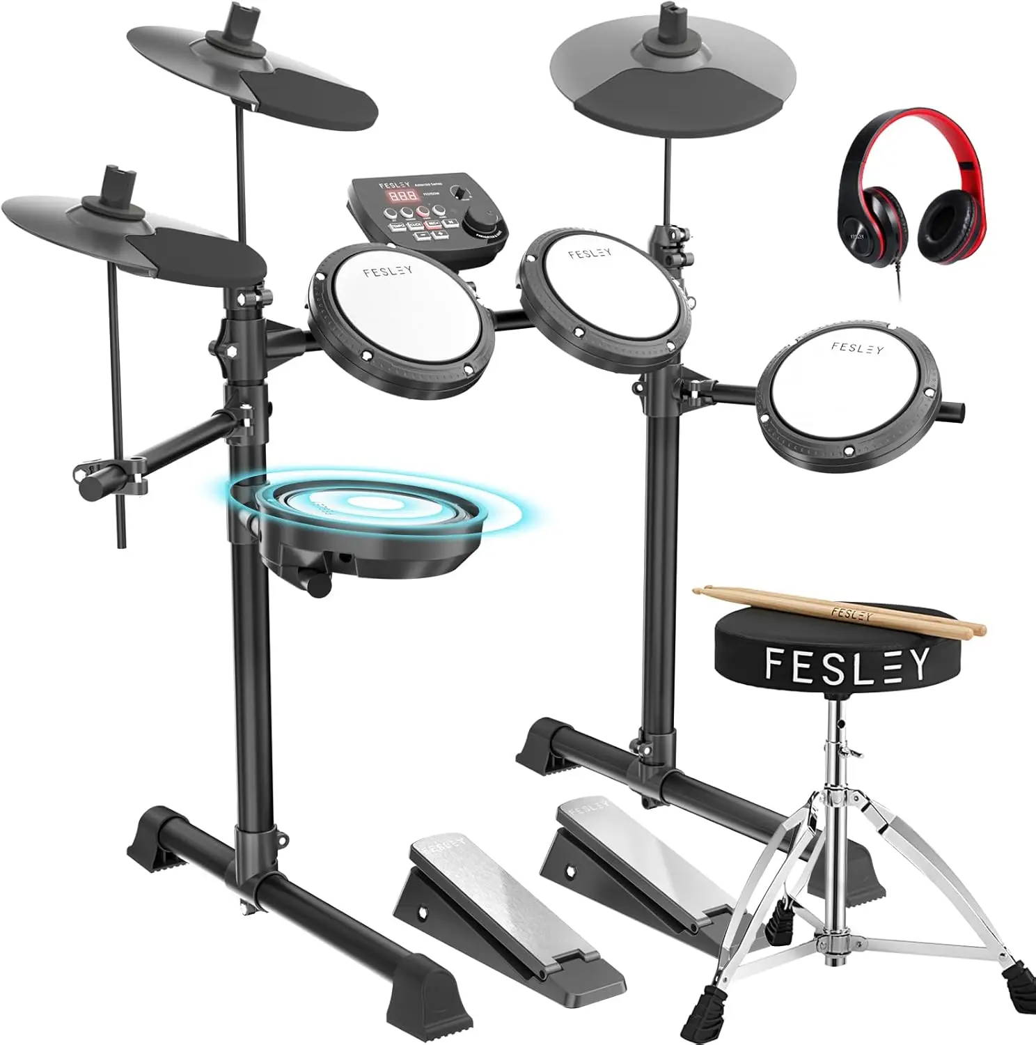 

Electric Drum Set: Electronic Drum Set with 4 Quiet Mesh Drum Pads for Beginner, Dual Zone Snare Drum, Portable D