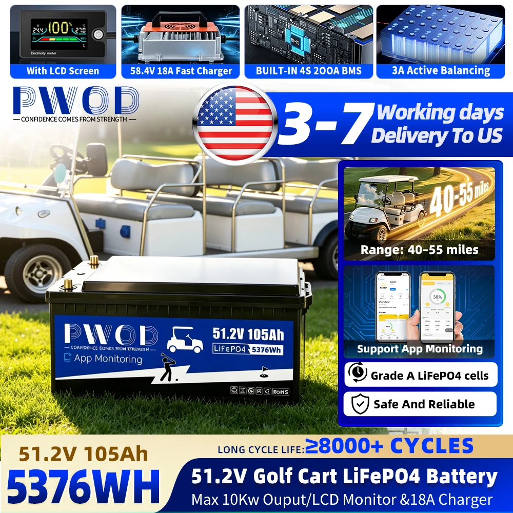 PWOD 48V 105Ah 100AH LiFePO4 Battery, Bluetooth Real-Time Monitoring Golf Cart Battery With Charger, 200A BMS,3A Active Balancing, MAX.5,376Wh, Low-Temp Protection, Rechargeable Lithium Battery