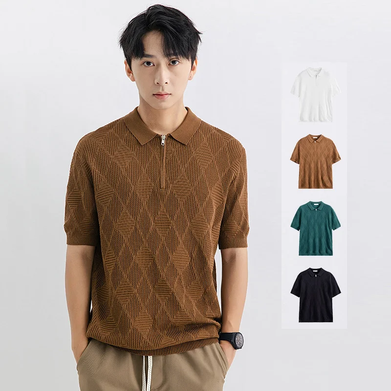 

Мужская летняя свободная деловая повседневная модная винтажная вязаная рубашка-поло из ледяного шелка с коротким рукавом, крутая дышащая футболка, трикотажные топы