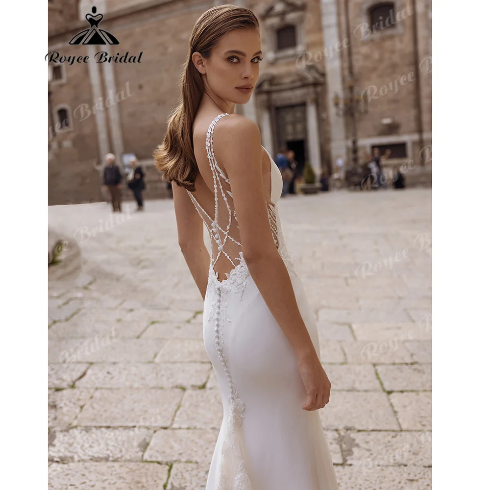 2027 Plunge V Satin Mermaid Wedding Dress Crisscross Bead Lace Back Low Cutout Illusion Chapel Train Bridal Gown Customized