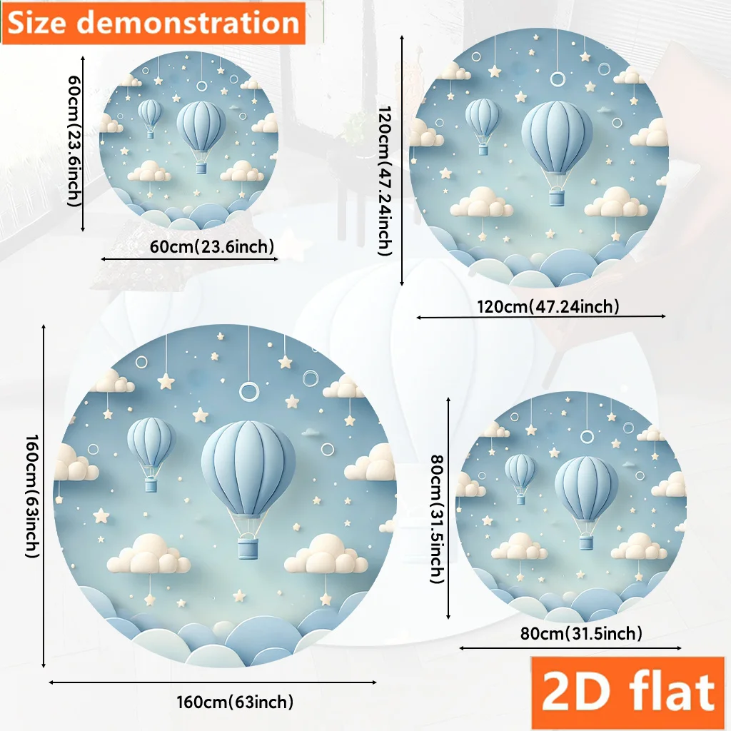 Hot Air Balloon Sky Round Rug Flannel Nursery Decor Baby Room Clouds Stars Dreamy Design Soft Floor Mat Children’s Gift