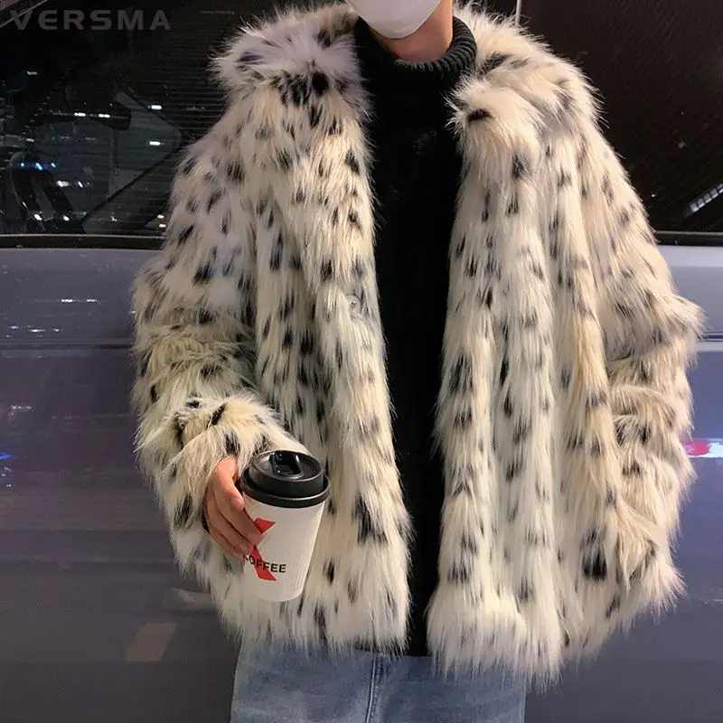 VERSMA Japanese Vintage White Faux Long Fur Jacket Coat Women Parka Winter Warm Thick Gradient Polka Dot Parkas Men Dropshipping