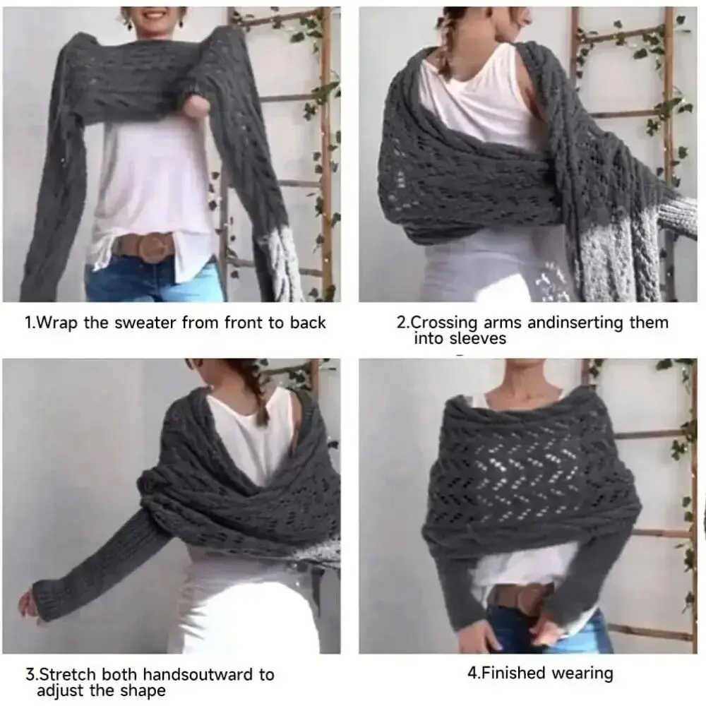 Autumn Winter Women\'s Knitted Shawl Scarf With Long Sleeve Outdoor Warm Soft Windproof Hollow Out Crop Top Shrugs Shawl Scarf