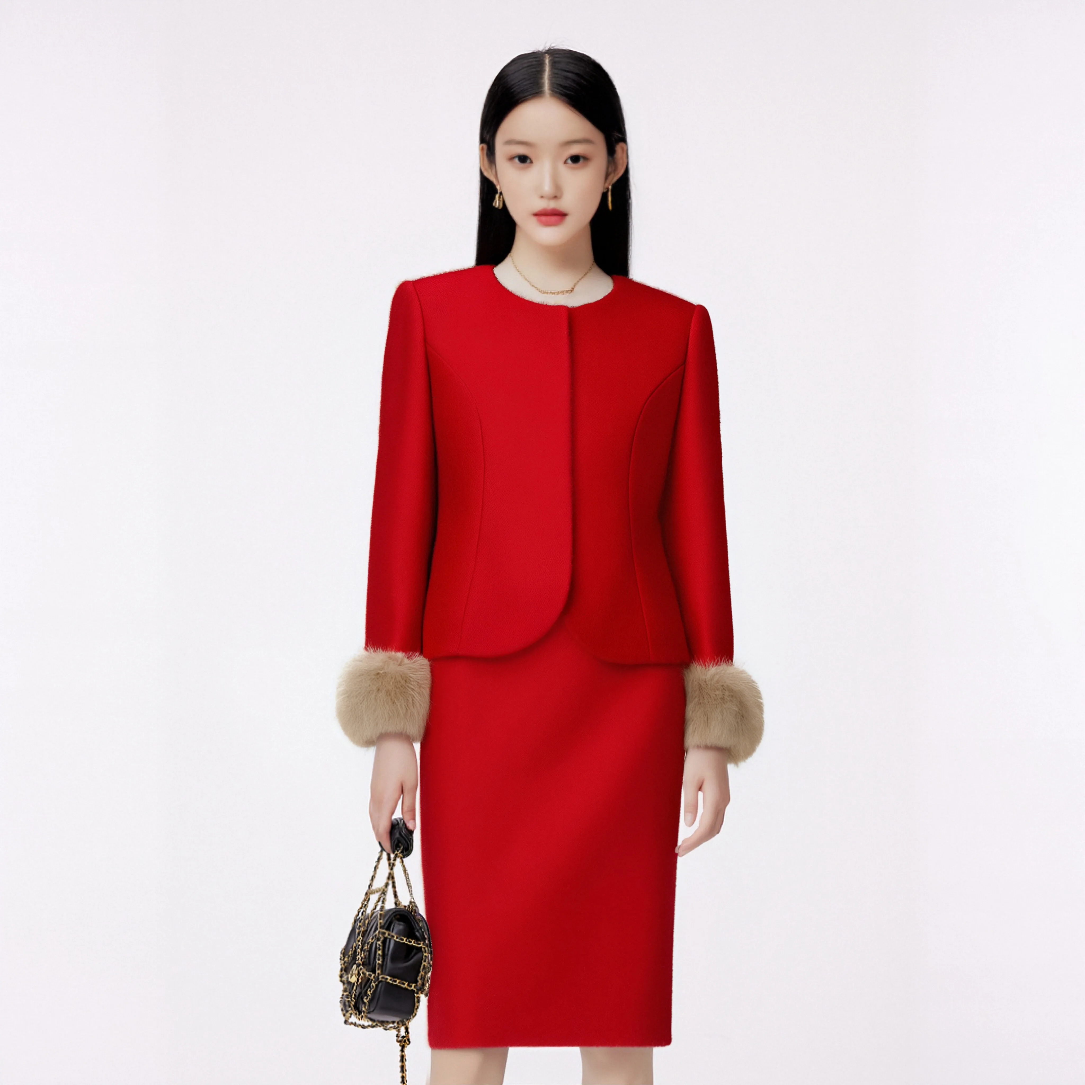 

Elegant High-End Little Fragrance round Collar Jacket Slimming Skirt Set New Fashion Design for Business Women's Suit