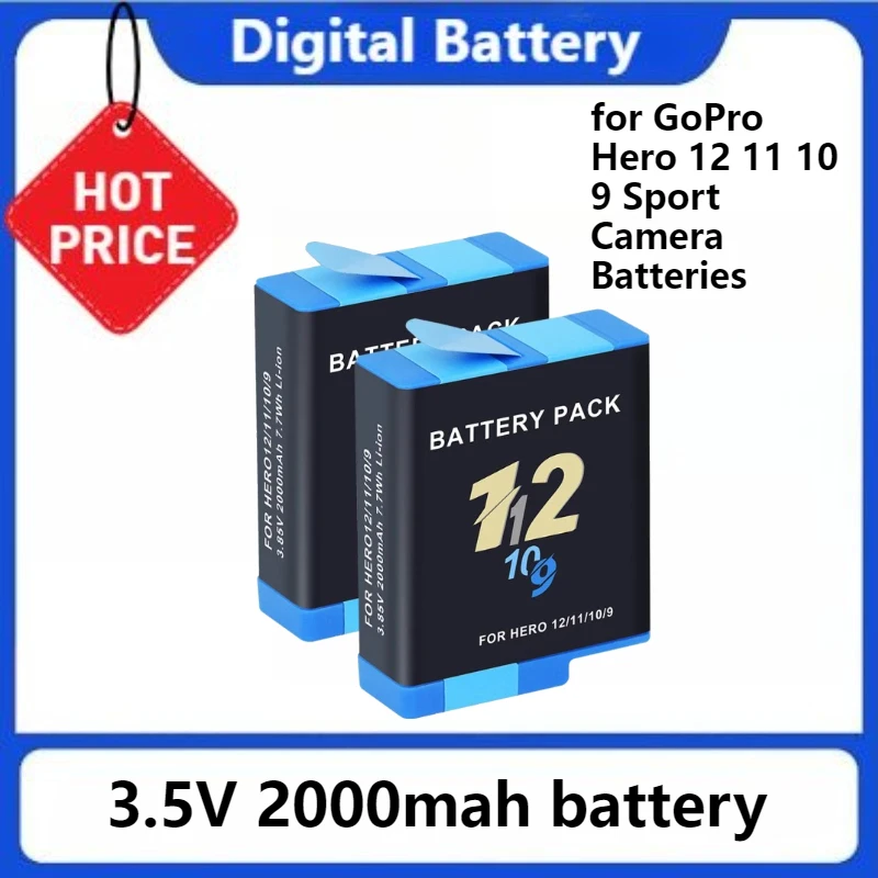 For GoPro Hero 12 11 10 9 Sport Camera Batteries Black Accessories NEW for GO PRO HERO 9 10 11 12 Battery 3.5V 2000mah