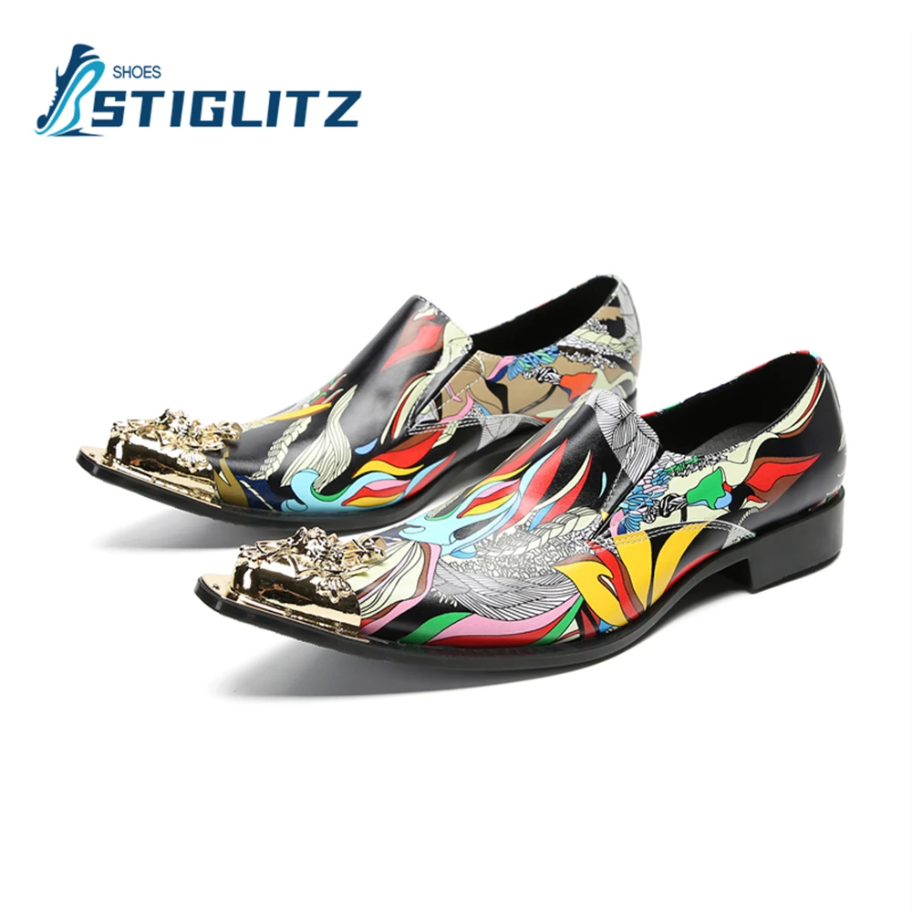 

Printed Genuine Leather Chelseas Metal Iron Pointed Toe Performance Costume Shoes Shallow Men's Slip On Mules Men's Casual Shoes