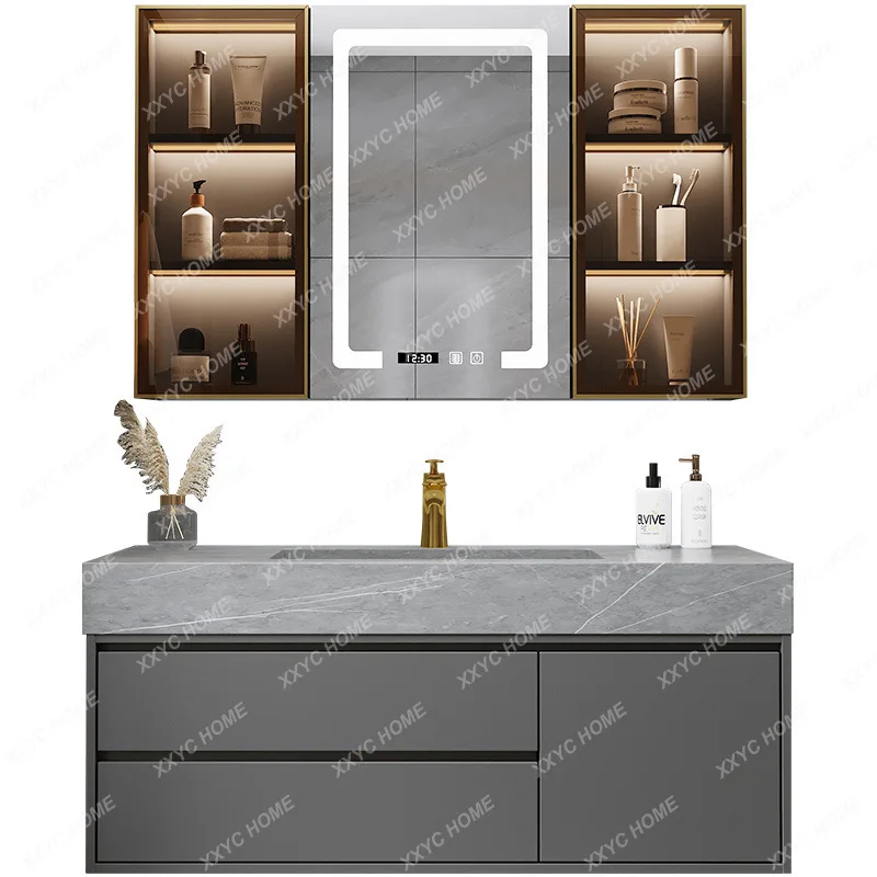 Glass Door Side Cabinet Smart Toilet Washbasin Wash Basin Cabinet Stone Plate Bathroom Cabinet Combination