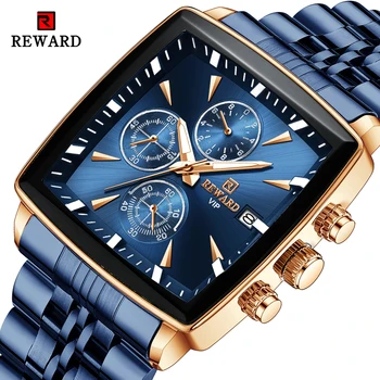 Recompensa moda quadrado dial relógio para homens de aço inoxidável à prova dwaterproof água quartzo cronógrafo relógios masculinos luxo esporte masculino relógio