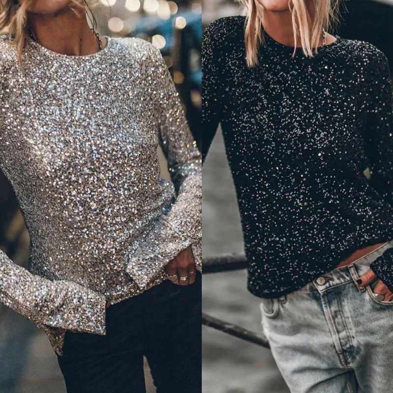 Autumn Winter Women Sequins Shirt Top Elegant Chic Long Sleeve O Neck Backless T-shirt Loose Streetwear Night Clubwear