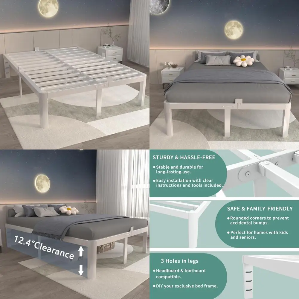 

14 Inch White Metal Full Size Bed Frame with Round Corner Legs and Heavy Duty Steel Support for 3500 lbs