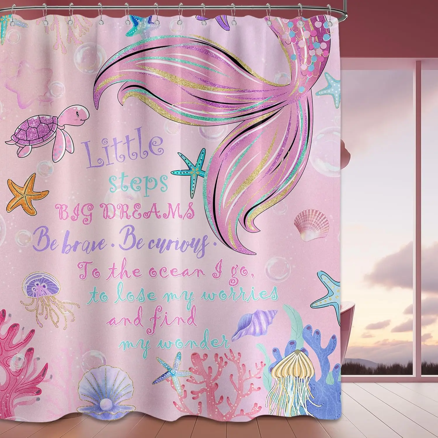Rideau de douche sirène pour filles, rose, Ocea, ensembles de décoration de salle de bain, tissu imperméable avec crochets