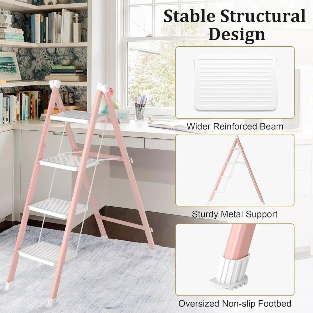 سلم محمول قابل للطي مع مشطات مضادة للانزلاق، إطار فولاذي متين، مثالي للمنزل والمكتب، وردي وأبيض