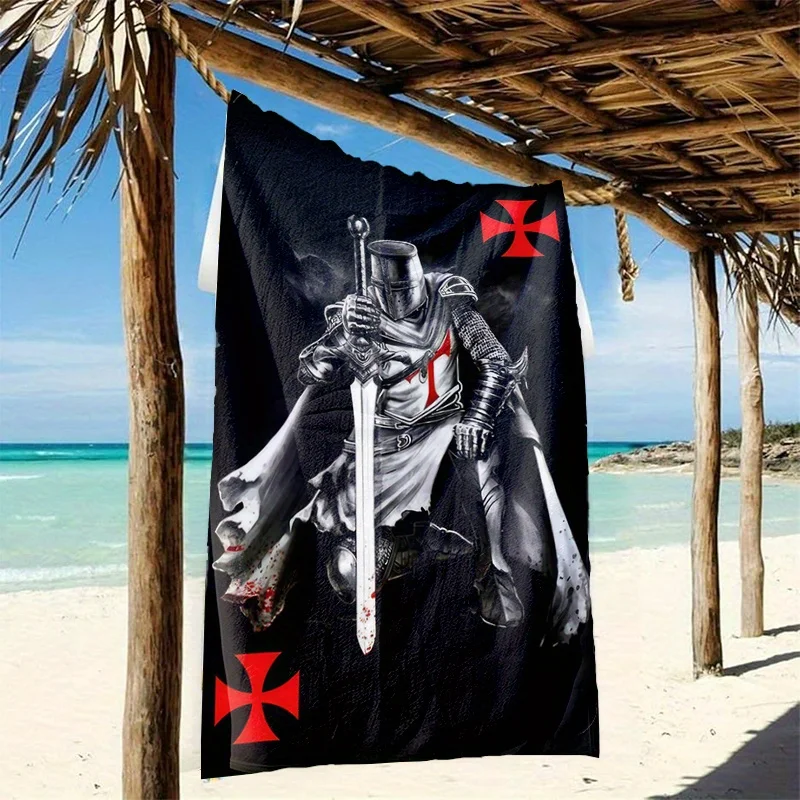 Gothic Warrior Bath Towel Dark Templar Cross Viking Knight Print Beach Towel Gift for Him Summer Vacation Decor