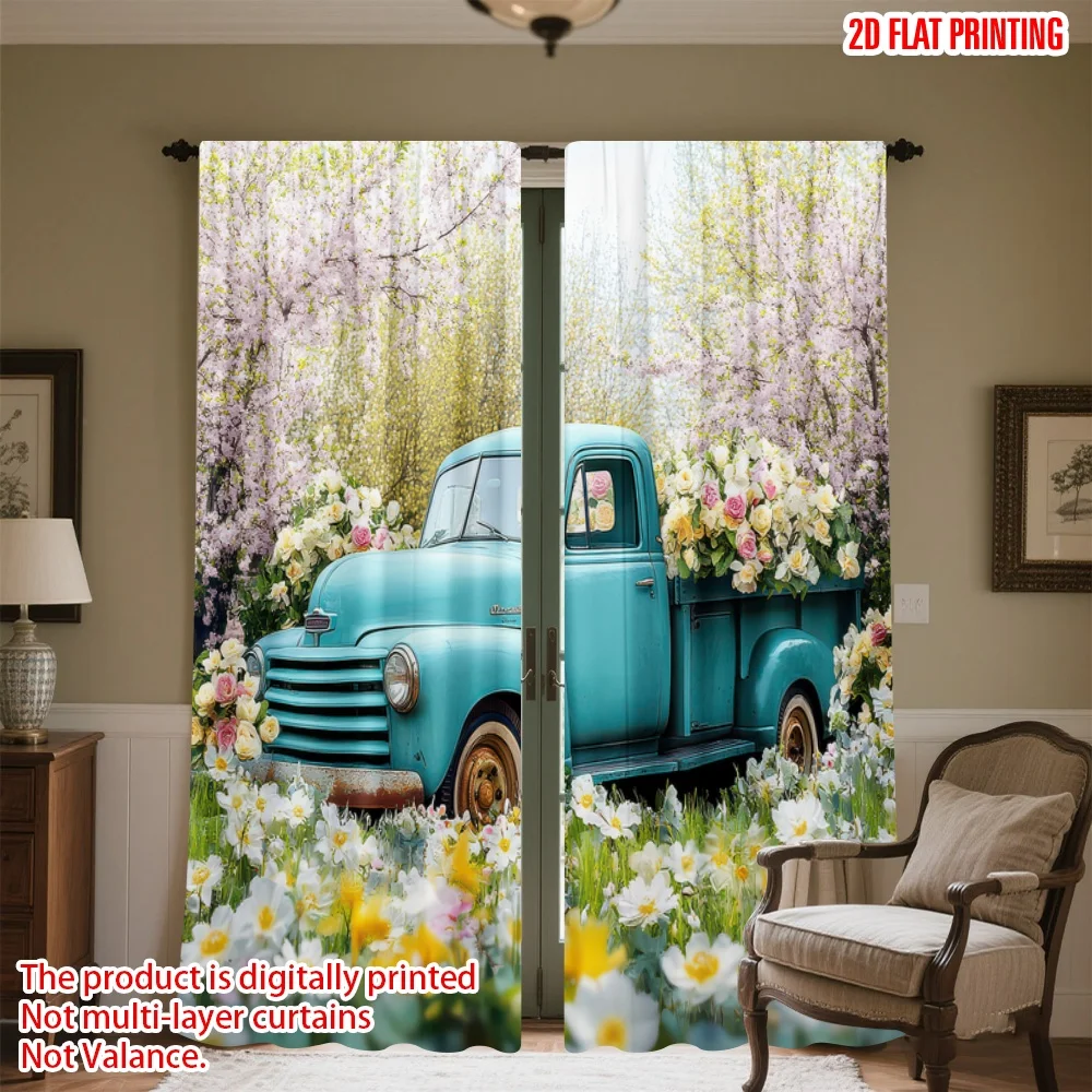 

2D flat printing 2pcs Curtain Spring Vintage Truck Blooms Digital Printed Polyester Drapes Holiday Decorations for Photo Booths