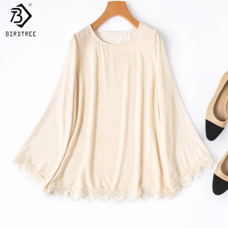 

Birdtree, бархатная блузка из 100% тутового шелка, женские мягкие топы с круглым вырезом и длинными рукавами, кружевной подол, осенняя повседневная рубашка в стиле ретро 2023 T5O026JF