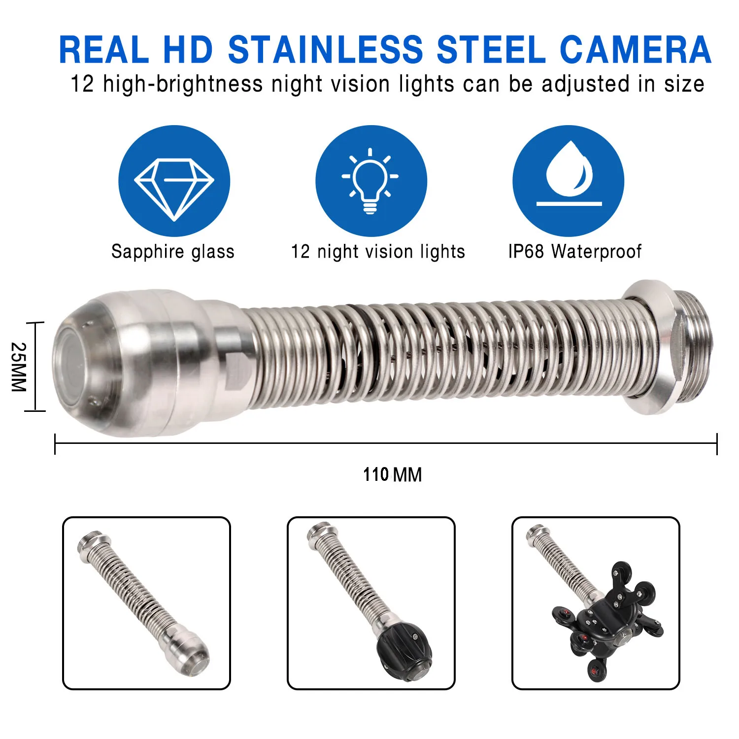 كاميرا فحص أنابيب الصرف الصحي عالية الدقة مقاس 7 بوصات، منظار صناعي لخط أنابيب الصرف الصحي 25 مم مع بطارية 5000 مللي أمبير