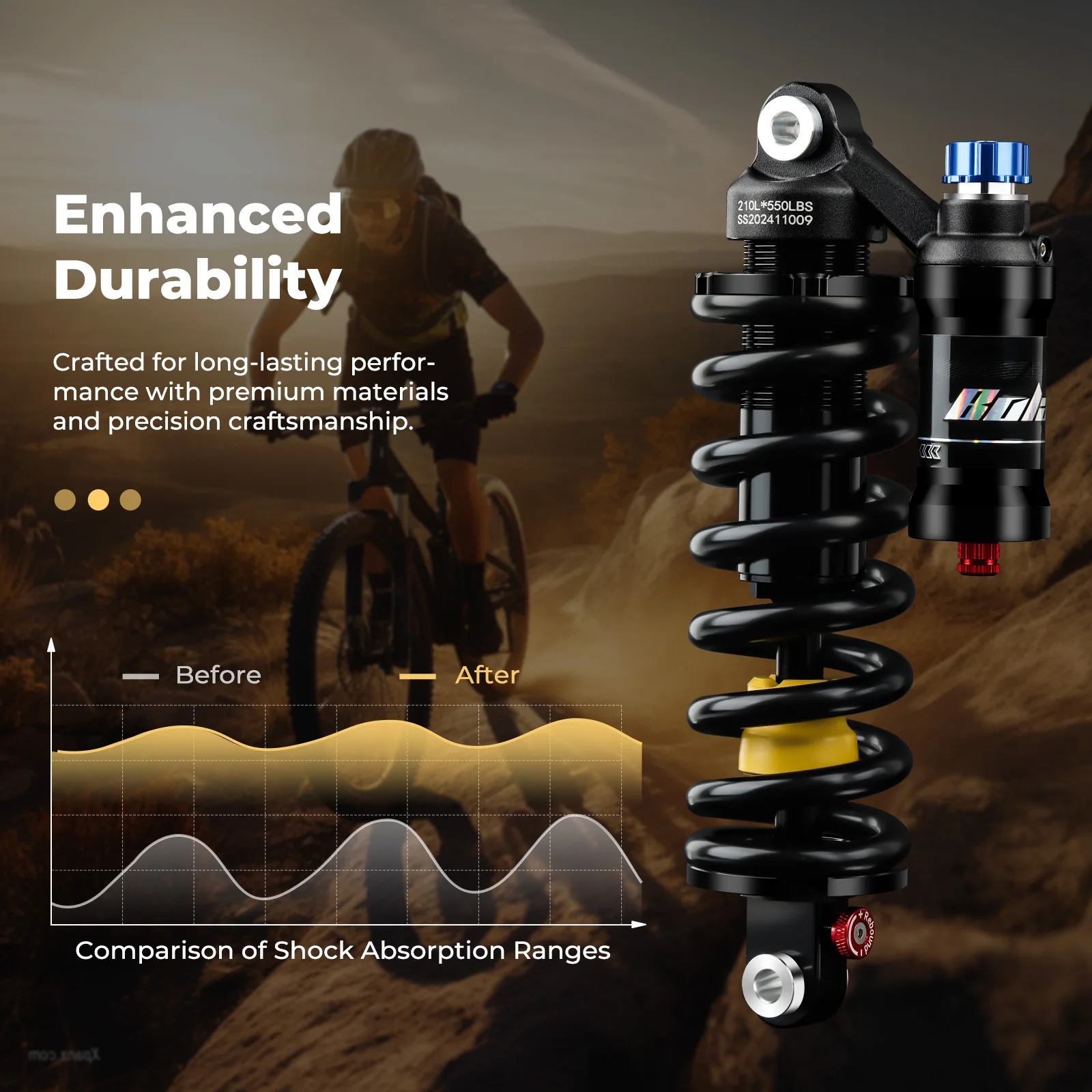 BOLANY Air Rear Shock Absorber for Downhill MTB 190/210/230mm Air Spring 550lbs Adjustable Compression Rebound Suspension