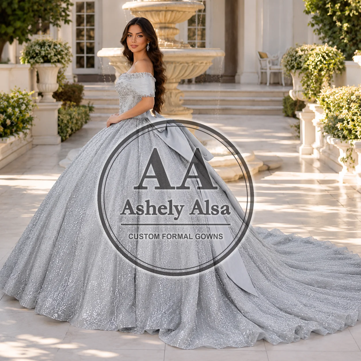 Luxury Silver Grey Birthday Party Dresses Women Cap Sleeve Lace Applique Bow Tulle Puffy Prom Occasion 15 16 Quinceanera AA239