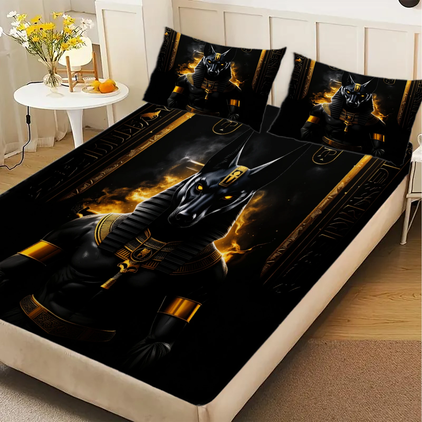 2/3Pcs Egyptian Anubis God Print Fitted Sheet Set 2D Flat Printing King Queen Size Polyester Bedding with Pillowcases