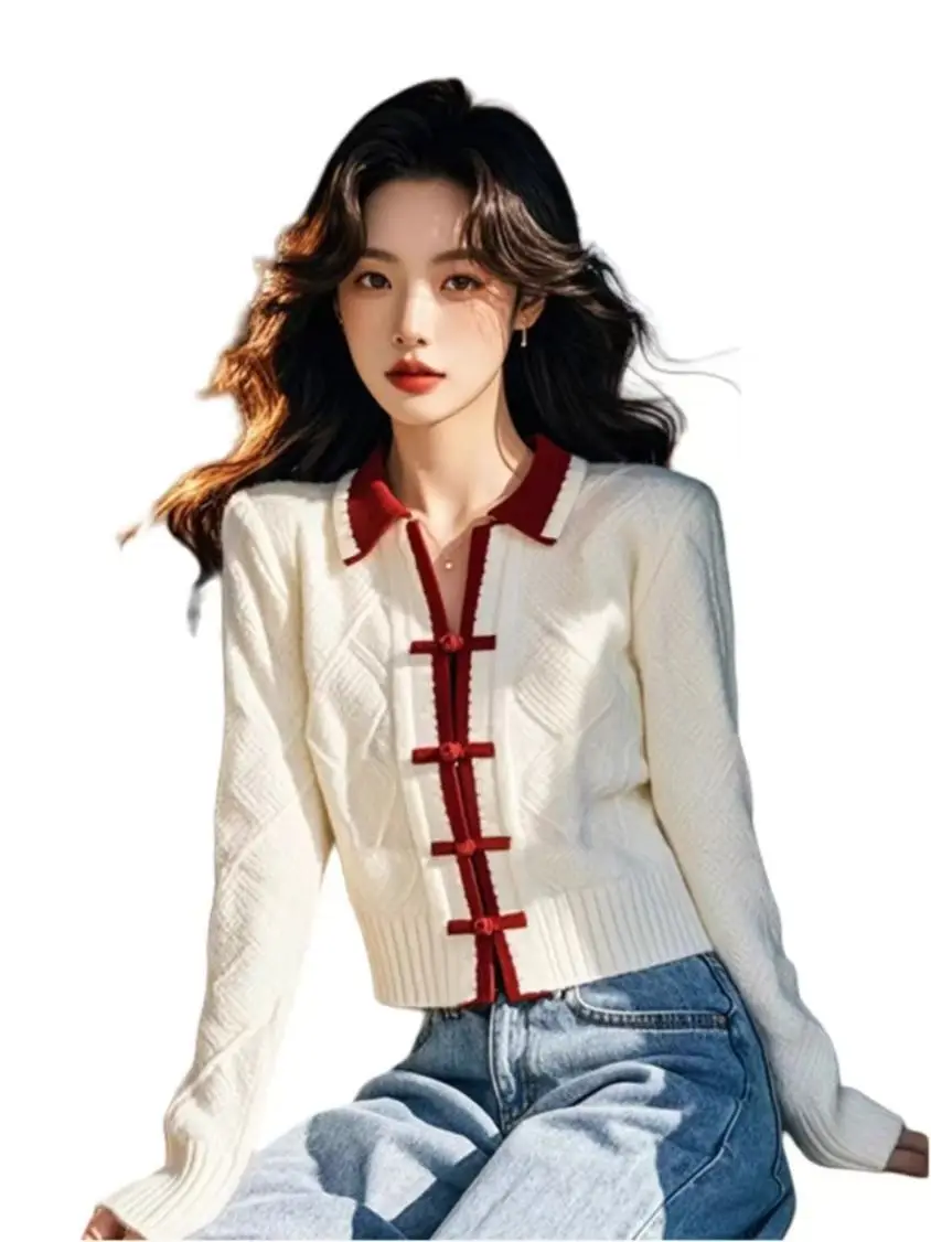 Estilo chinês retalhos camisola de malha cardigan feminino manga longa único breasted senhora do escritório casual camisola malhas 2025 novo
