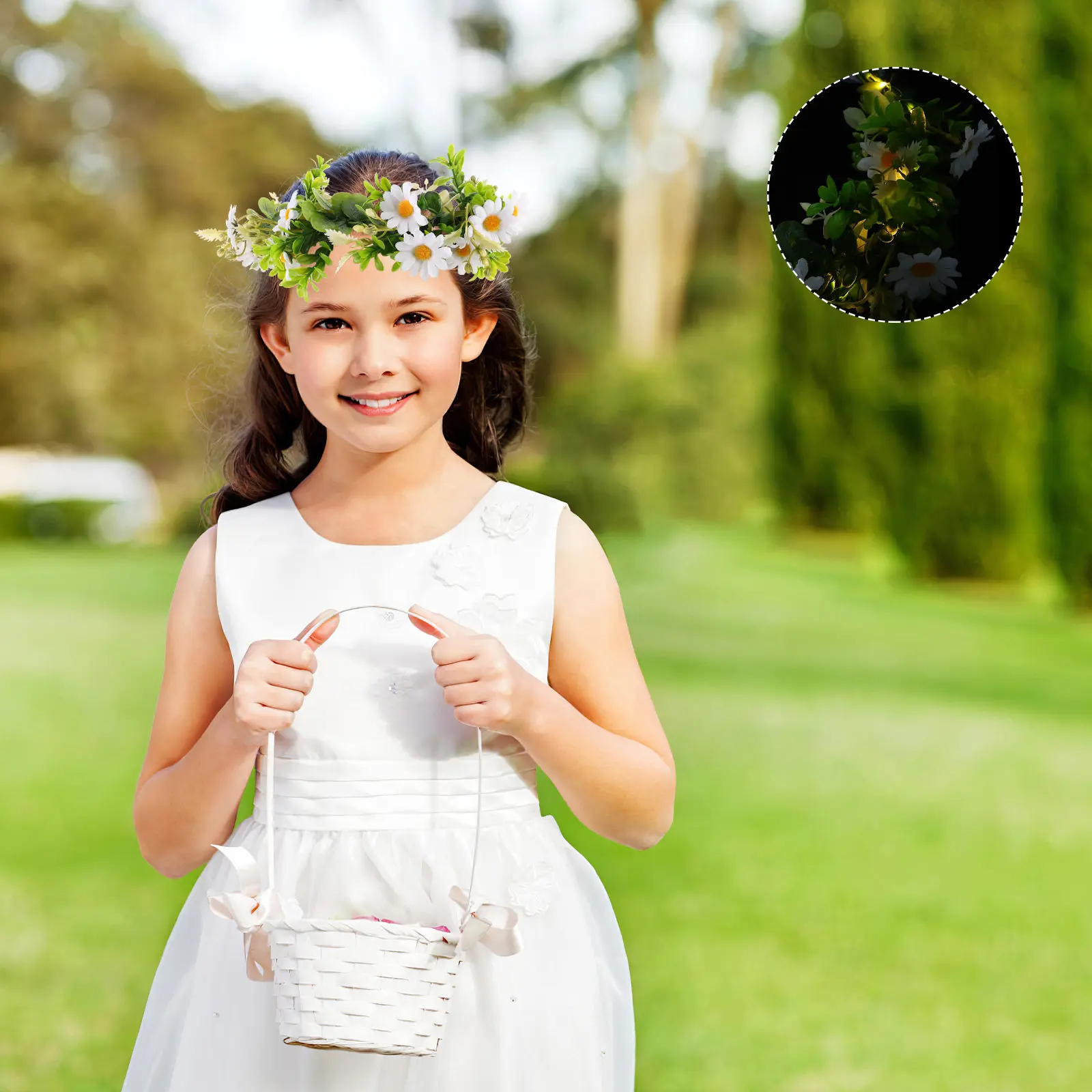 

2Pcs Glowing Fairy Flower Crown Handmade Daisy Baby's Breath Headband for Wedding Festival Party Bride Bridesmaid Flower Girl