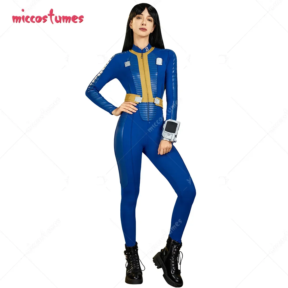 

Miccostumes Women's Cosplay Costume 33 Vault Blue Jumpsuit and Belt with Brooch for Halloween Cosplay Costumes