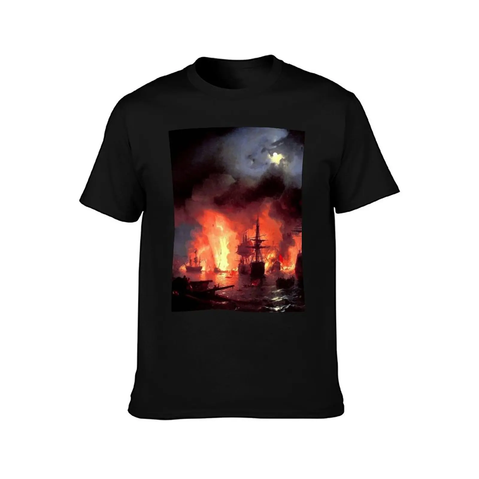 Battle of Chesme at Night 1848. Painted by Ivan Aivazovsky T-Shirt Summer Casual Cotton Tee Oversized Streetwear Tops