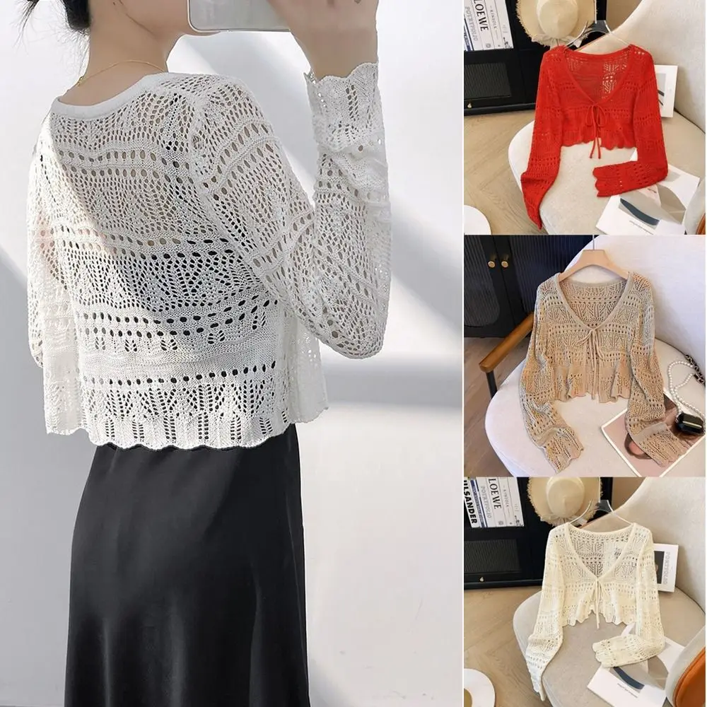 

New Hollow Out Knitted Cardigan Thin Long Sleeve Sun-Proof Tops V-Neck Casual Outwear Women