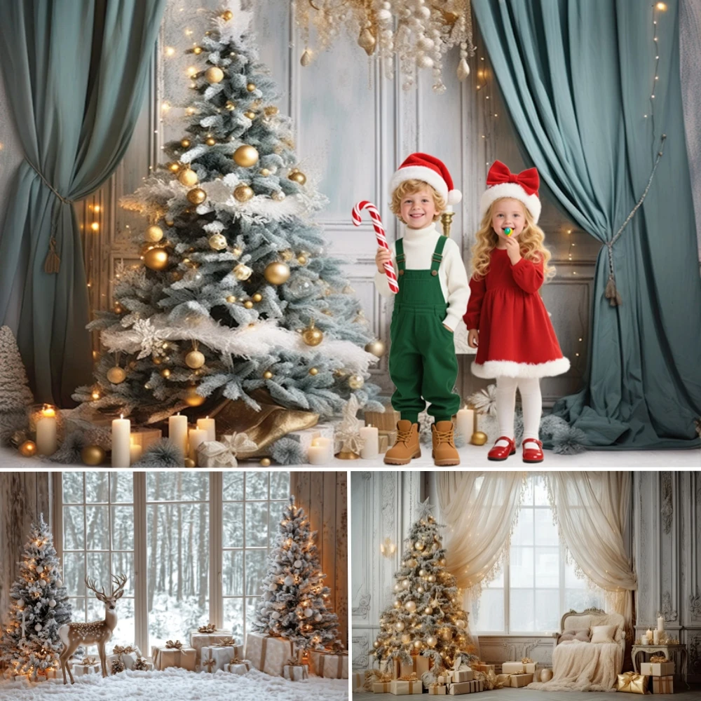 

Winter Christmas Photography Background Wooden Door Forest Xmas Tree Kids Family Portrait Decor Backdrop Photo Studio
