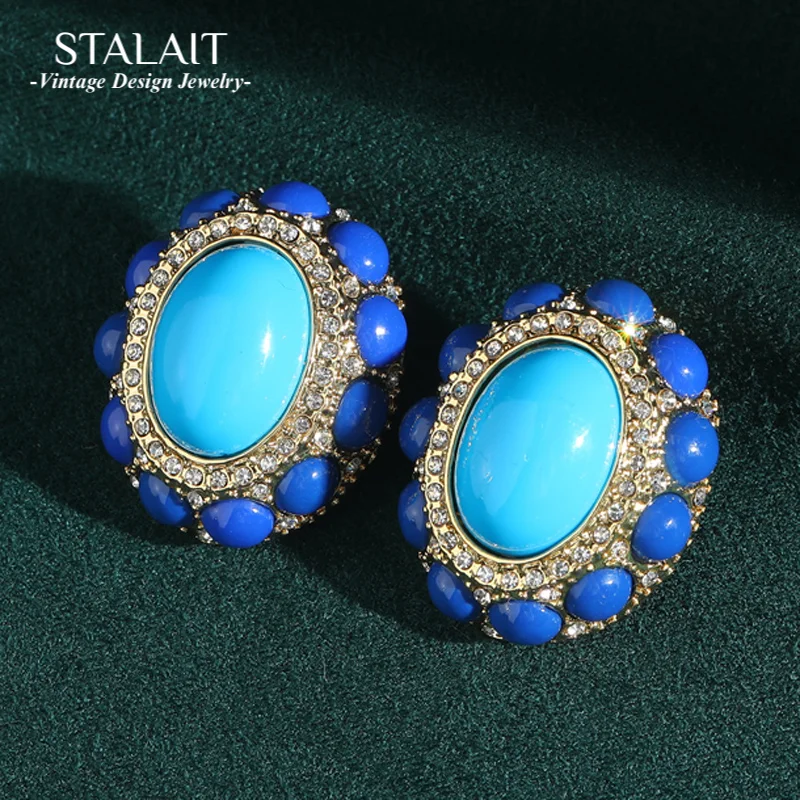 

Vintage Blue Natural Stone Oval Stud Earrings Gold Plated Crystal Ancient Woman Luxury Dubai Quality Designer Jewelry 2025 New
