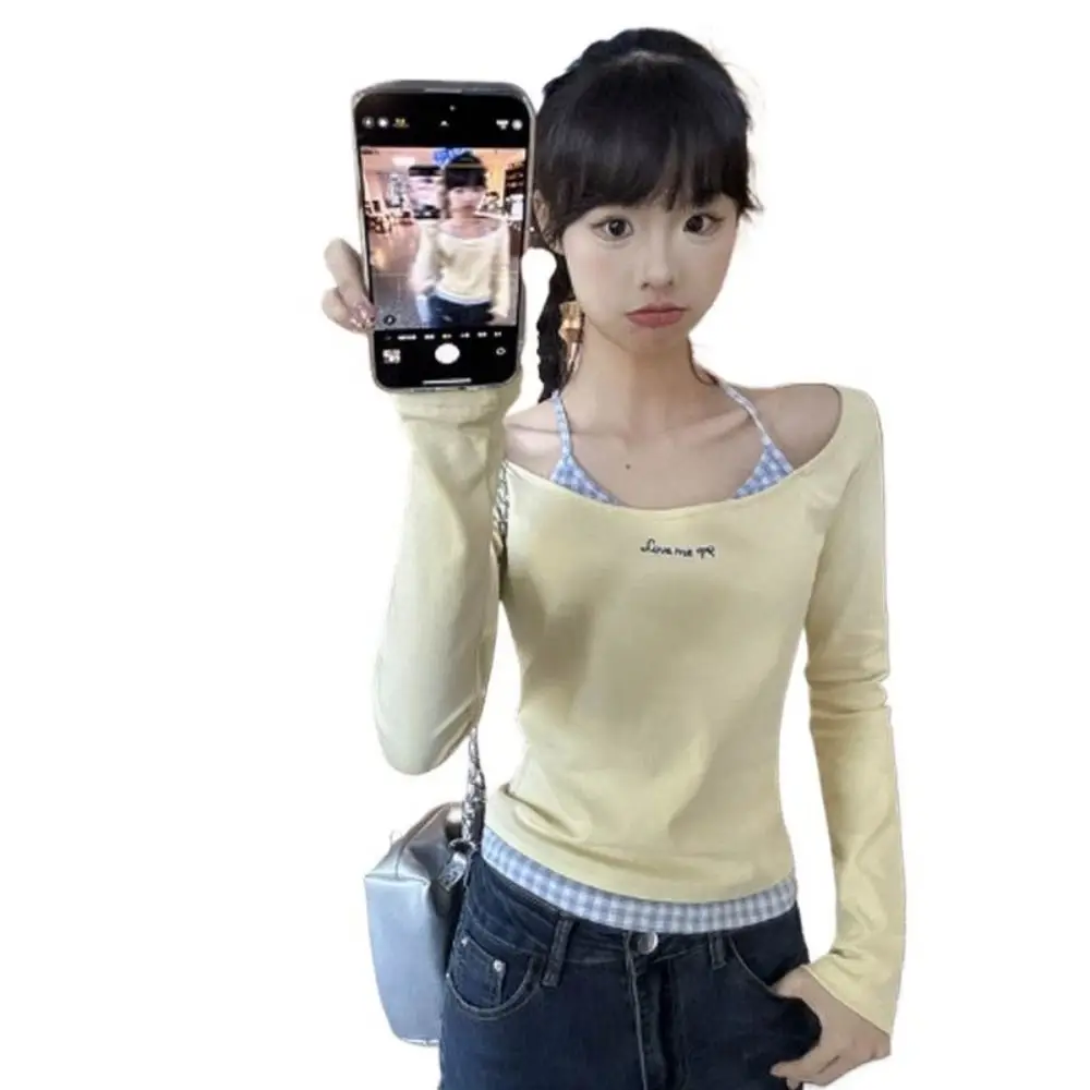 موضة الأزرق شبكة طويلة الأكمام تي شيرت بسيط قميص سليم رقيقة البلوز الدانتيل قاع قميص المحاصيل الأعلى النساء Y2k الإناث #3