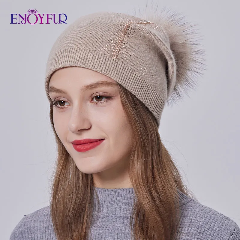 ENJOYFUR Real Fur Pom Pom Beanie Hat For Women