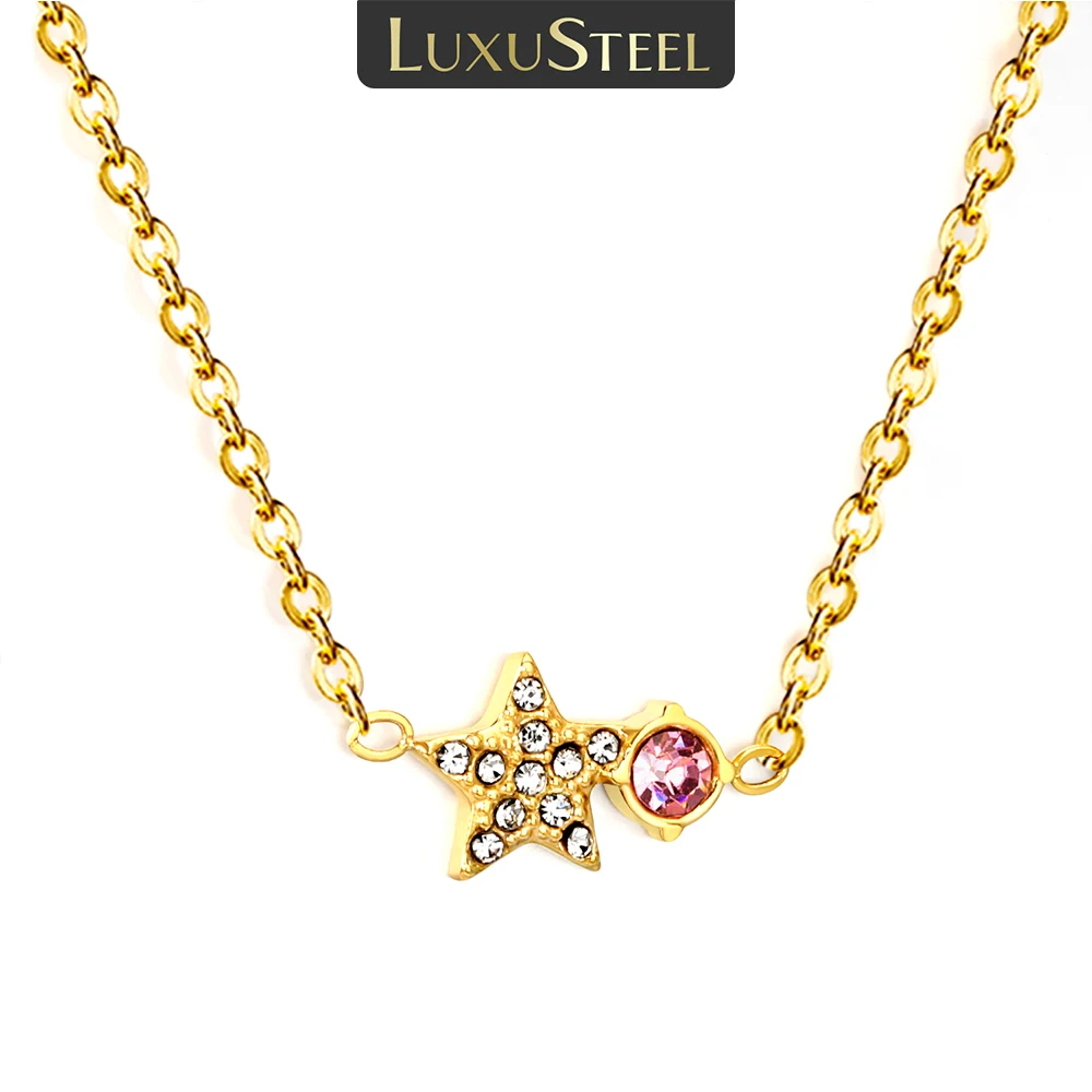 LUXUSTEEL Pink Cubic Zirconia Pendant For Women Stainless Steel Vintage Star Females Choker Necklace for Jewelry Wedding Gift