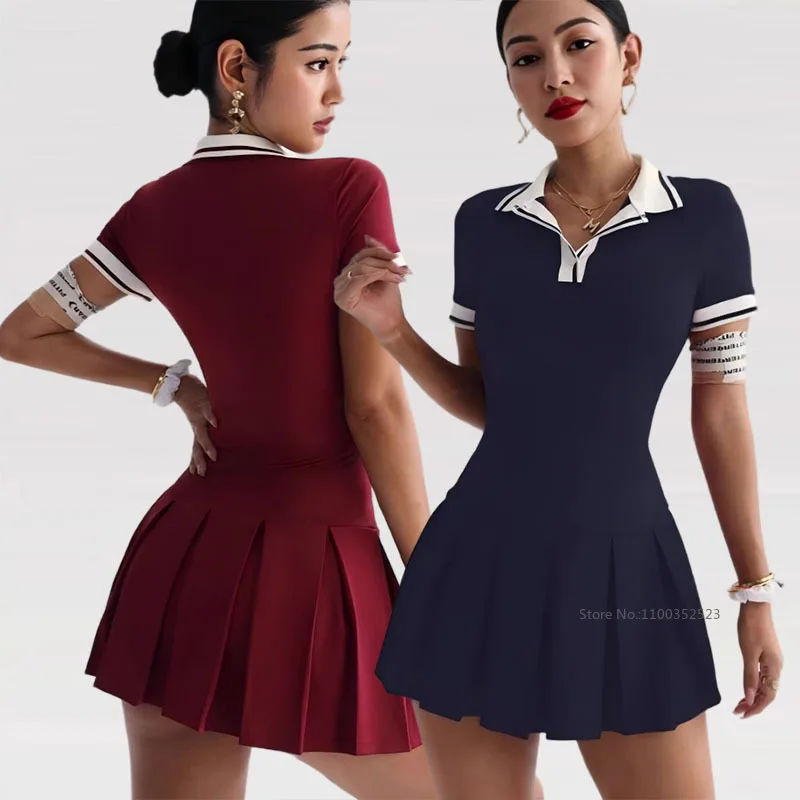 

Женское платье-поло с коротким рукавом для тенниса и гольфа, плиссированное, с шортами, в полоску, облегающее, для бадминтона и спорта