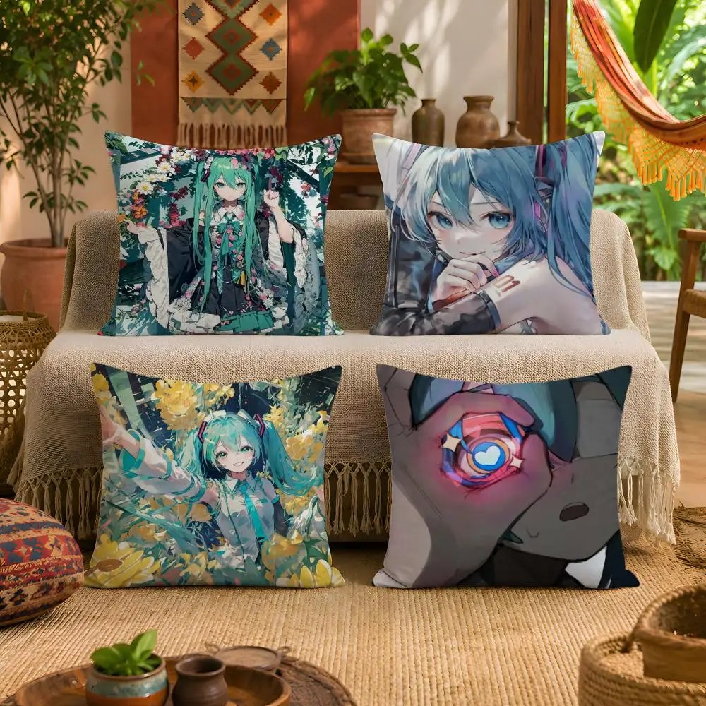 M-Miku Anime Cushion Cover 1pc Square Plush Pillow Cover Soft Fuzzy Removable Washable Sofa Bed Bedroom Decor