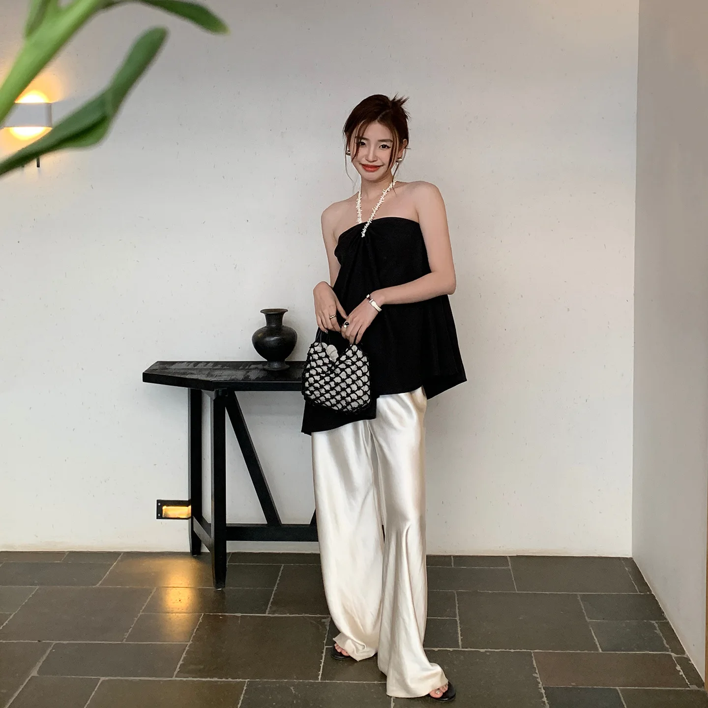 

XIZOU Satin Wide Leg Pants Long Floor Casual Pants Women's Summer Party Vacation Travel Festival